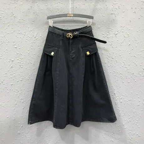黑色A字牛仔大摆裙女秋季新款港味高腰宽松显瘦中长款牛仔半身裙图片