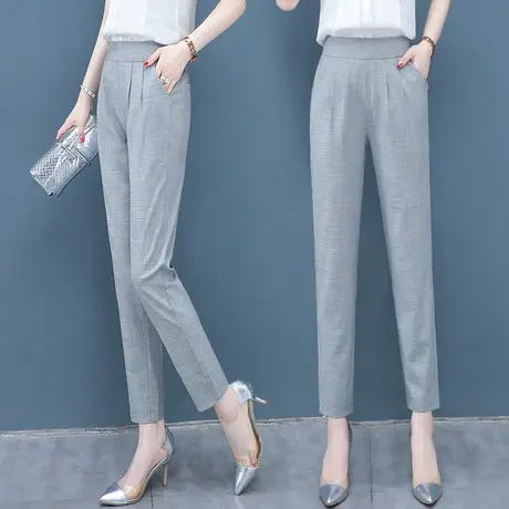 棉麻裤女九分薄款2023夏新款宽松显瘦职业西裤百搭小脚萝卜哈伦裤图片