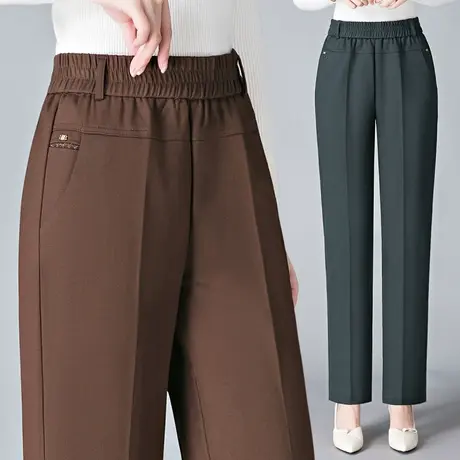 卡其色春秋妈妈长裤中老年人女裤秋季新款松紧高腰宽松直筒休闲裤图片