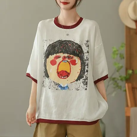 dza复古卡通娃娃亚麻T恤女2023夏薄圆领打底体恤宽松棉麻套头上衣商品大图