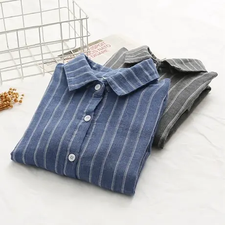 双层棉纱衬衫女2022秋新款竖条纹衬衣长袖小清新简约文艺打底上衣商品大图