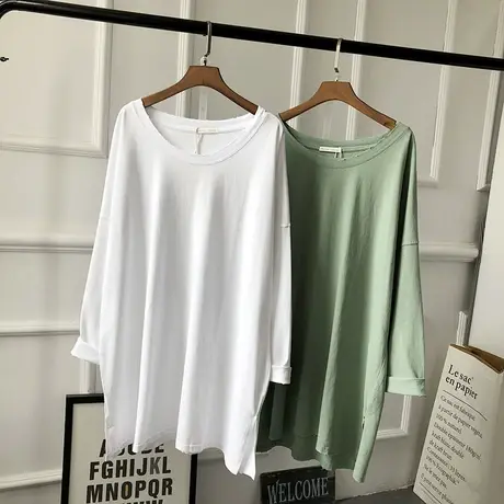长袖t恤女秋冬新款韩版ins潮简约百搭纯色中长款宽松打底小衫上衣商品大图