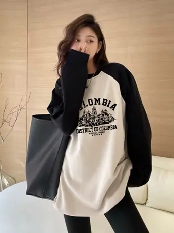 长袖t恤女设计感小众2023秋季新款内搭打底衫秋冬撞色插肩袖上衣商品大图