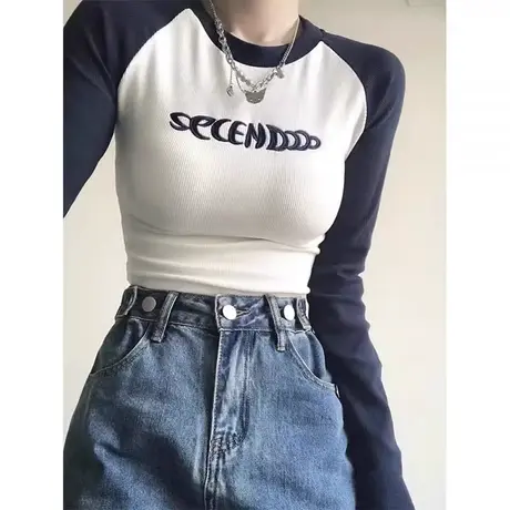 辣妹超好看长袖T恤女秋季修身百搭显瘦撞色拼接韩版打底衫上衣潮商品大图