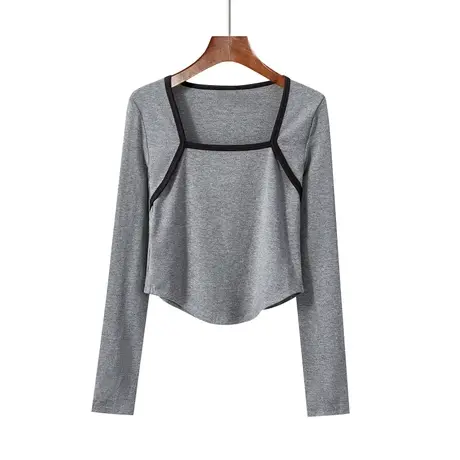 秋冬新款韩方领纯色拼色纯棉修身短款纯欲圆弧长袖体恤上衣内搭女图片