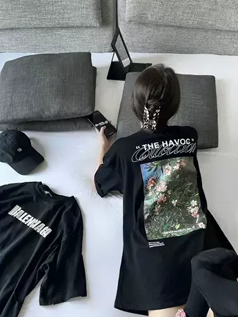 超火cec大码黑色短袖t恤女潮hiphop欧货美式ins风复古胖mm上衣女商品大图