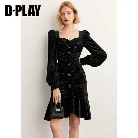 DPLAY秋装新黑色轻奢闪钻丝绒抽褶连衣裙复古泡泡袖修身鱼尾裙图片