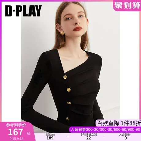 DPLAY秋装装新款设计感捏褶修身复古显瘦小衫气质简约短款上衣商品大图