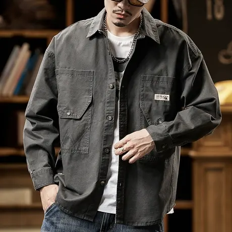 男士精梳棉工装衬衣春秋复古轻磨毛洗退外套男时尚休闲男士外套图片