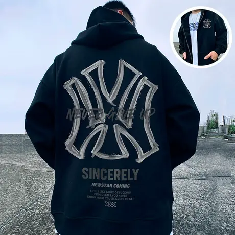 oversize春秋季宽松加肥加大码连帽加绒拉链开衫胖子卫衣男潮外套图片