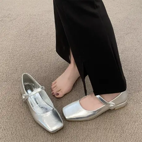 永希复古百搭粗跟银色单鞋女2023秋季新款配裙子浅口法式玛丽珍鞋商品大图