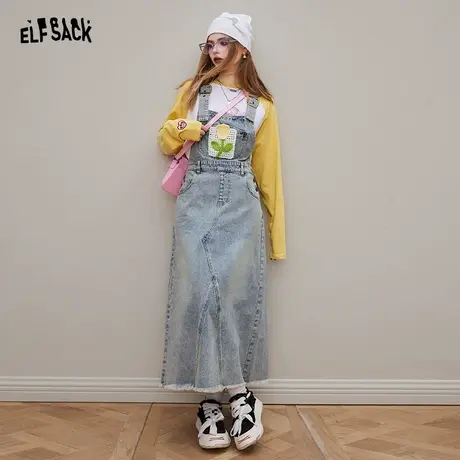 妖精的口袋针织朵牛仔背带连衣裙女2024早春新款设计感减龄长裙子图片