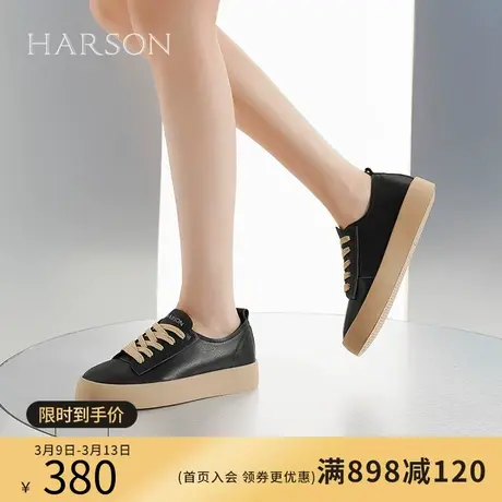哈森真皮鞋子女新款夏季黑色平底皮鞋秋季法式单鞋HWC230210图片