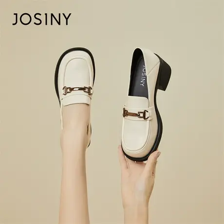 Josiny/卓诗尼粗跟单鞋女春2024新款百搭一脚蹬乐福鞋英伦小皮鞋商品大图