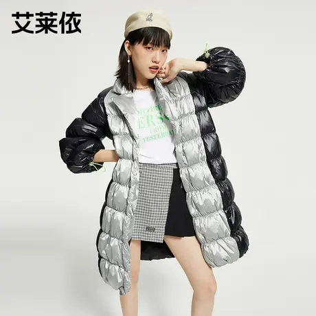 艾莱依2021秋冬新款联名中长款时尚个性女装外套翻领拼接羽绒服女商品大图