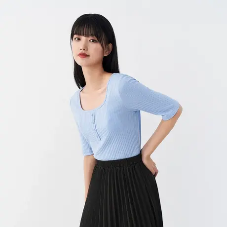 茵曼修身t恤女士针织圆领2023年夏季新款纯色短袖上衣百搭打底衫图片