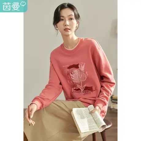 【商场同款】茵曼2023春女装新款田园撞色绣花双层圆领套头卫衣图片