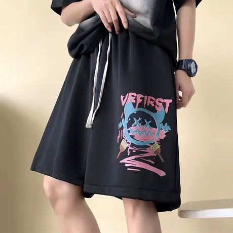 潮牌印花短裤男夏季冰丝凉感五分休闲裤子男青少年宽松直筒运动裤商品大图