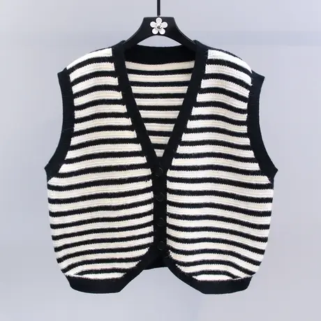 黑白条纹撞色针织马甲开衫女秋冬2023新款宽松慵懒风显瘦毛衣背心图片