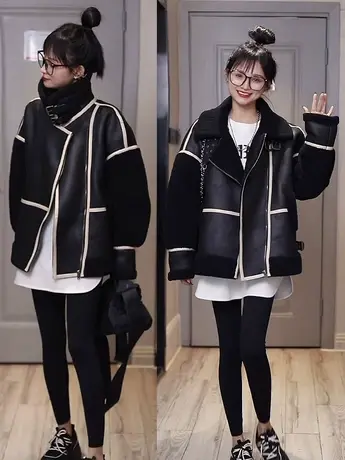 黑色羊羔毛机车服女冬季2023新款设计感拼接加绒加厚皮毛一体外套商品大图