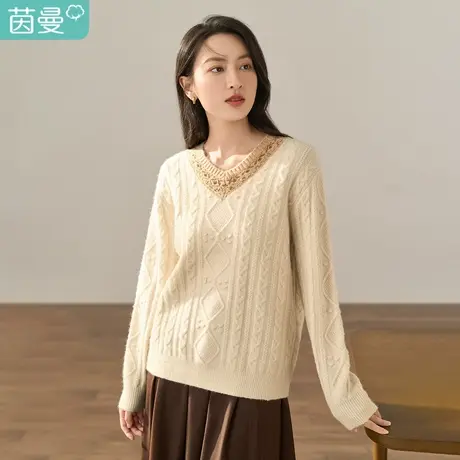 【商场同款】茵曼2022冬女装新款田园拼色领口经典V领套头毛衣商品大图