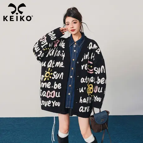 KEIKO甜酷字母提花毛衣外套加厚秋冬慵懒风外穿V领针织开衫糖果色商品大图