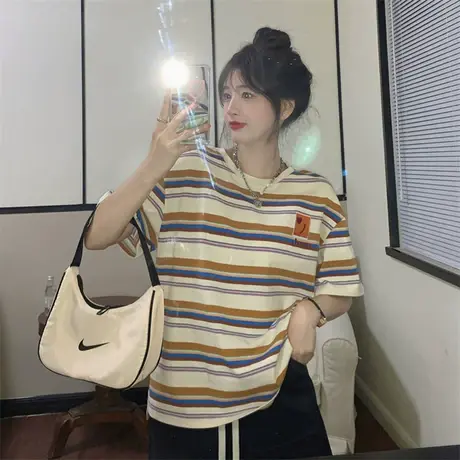 港味chic复古条纹短袖t恤女宽松ins夏设计感正肩别致oversize上衣商品大图