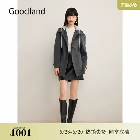 Goodland美地2024冬季新款绵羊毛假两件连帽休闲短外套图片