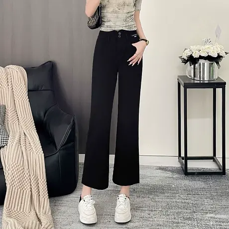 夏季薄款牛仔裤黑色微喇裤女2025新款小个子女士中腰九分喇叭裤子商品大图