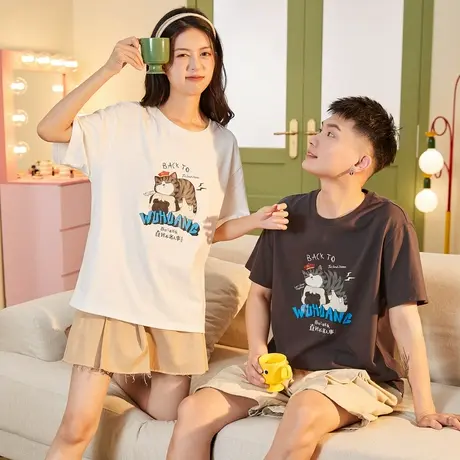 唐狮夏季纯棉情侣装短袖t恤宽松圆领吾皇猫前胸趣味印花短袖T恤商品大图