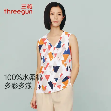 三枪女士无袖背心2025夏季新品坎肩印花V领开襟水柔棉妈妈衫上衣商品大图