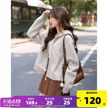 唐狮毛衣开衫外套女2024早秋新款灰色绞花连帽针织衫设计感毛衣图片