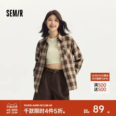 森马长袖衬衫女中长款慵懒宽松落肩休闲秋季chic复古格纹衬衣潮流商品大图