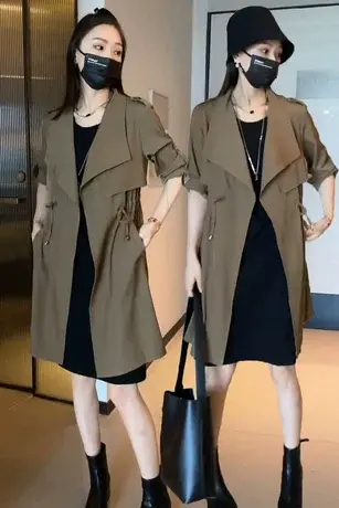 风衣外套女春秋高级感垂感2023新款大衣中长款韩风气质小个子黑色商品大图