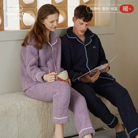 秋鹿情侣羊羔绒睡衣女秋冬加厚珊瑚绒男家居服法兰绒冬天保暖套装商品大图