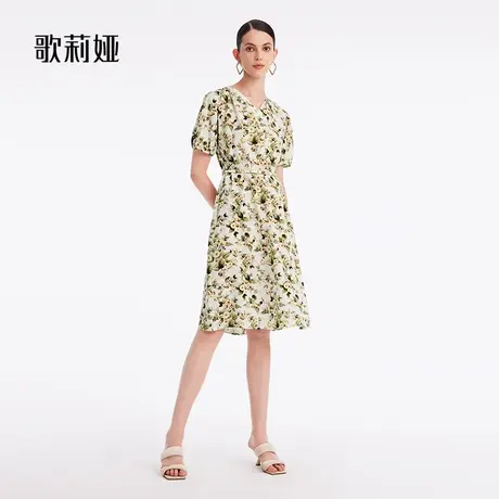 歌莉娅印花泡泡袖连衣裙女春夏季v领显瘦裙子配送腰带1B7R4K500商品大图