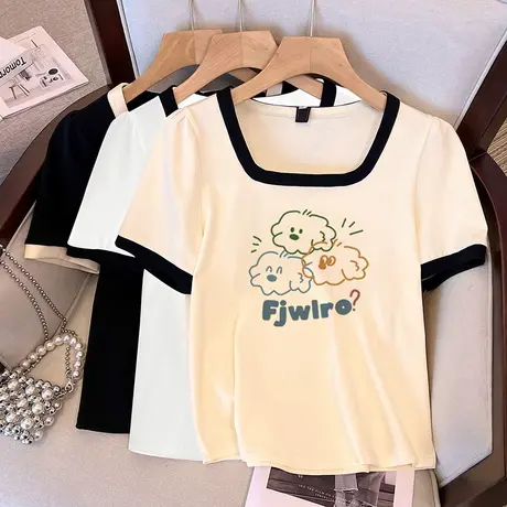 纯棉插肩袖短袖T恤女夏季短款修身显瘦ins潮设计感上衣微胖mm穿搭商品大图