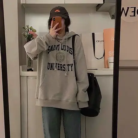 港风灰色复古连帽卫衣女hiphop高街小众设计宽松bf慵懒风加厚上衣商品大图