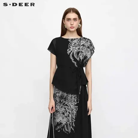 sdeer圣迪奥女装圆领撞色印花收腰不规则短袖衬衫S24280437商品大图