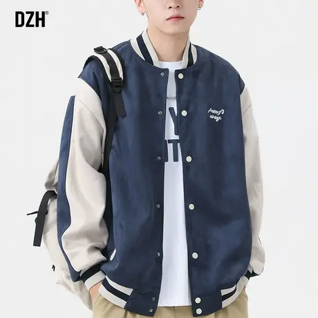 青少年蓝色棒球服外套男潮流百搭春秋款拼色运动麂皮夹克2023新款商品大图