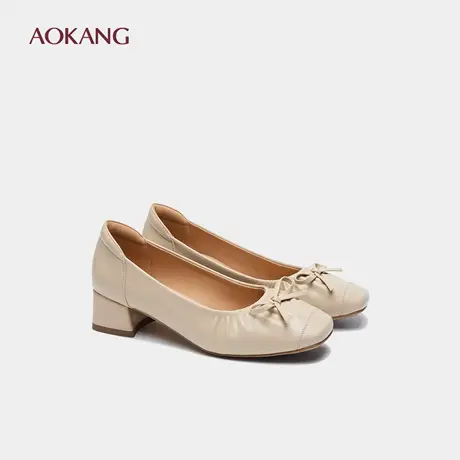 奥康 女鞋春秋新款粗跟浅口中跟蝴蝶结一脚蹬法式通勤单鞋女图片
