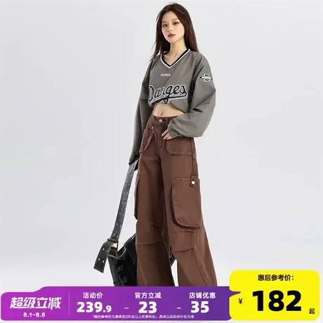 唐狮美式复古工装牛仔裤女2024秋冬新款时尚百搭宽松显瘦阔腿裤GT商品大图