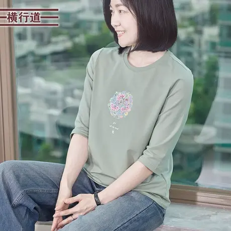 国风印花中袖T恤半截袖打底衫外穿上衣休闲内搭体恤2025秋季女装商品大图