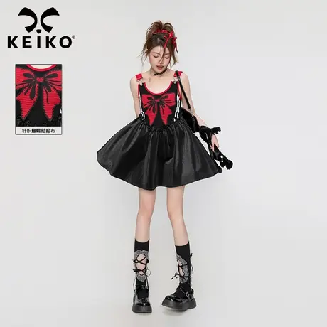 光感皮制酷感背带连衣裙2023夏季刺绣甜辣妹黑色显瘦pu皮裙小个子图片