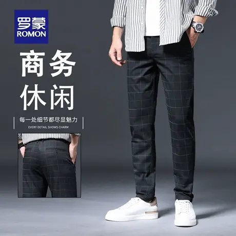 罗蒙高端黑色格子休闲裤男士2025新款修身直筒秋季弹力小西裤N1Z图片