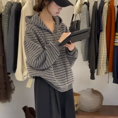 韩系慵懒风条纹连帽卫衣女2025秋季新款宽松休闲百搭长袖上衣外套商品大图