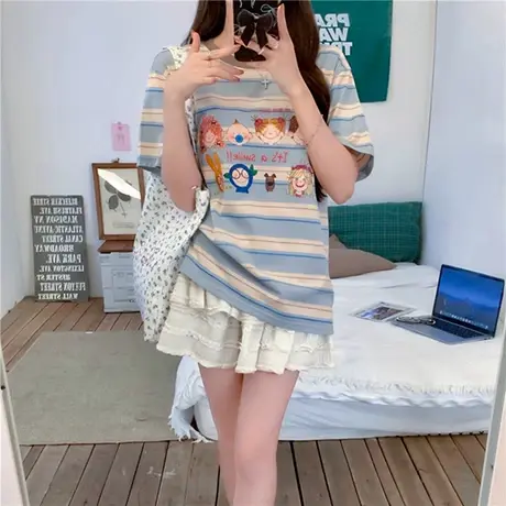 趣味卡通撞色条纹短袖t恤女2025新款夏季韩系宽松减龄设计感上衣图片