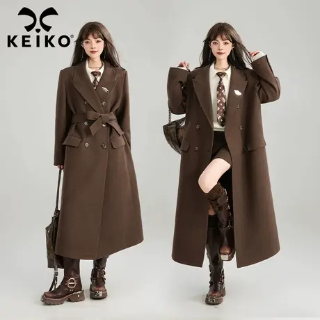 KEIKO 通勤西装毛呢大衣女过膝长款25早春经典双排扣系带呢子外套商品大图