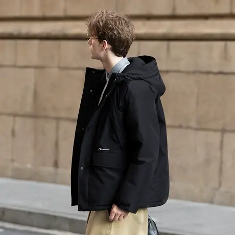 唐狮2025秋冬季短款羽绒服男连帽黑色潮流百搭保暖加厚羽绒外套商品大图