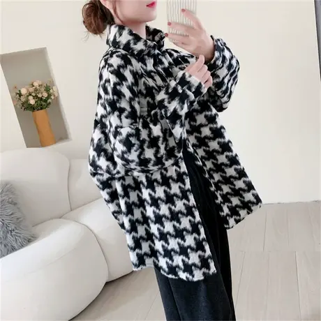 磨毛加厚千鸟格子衬衫女秋冬2023年新款宽松复古百搭洋气衬衣外套商品大图